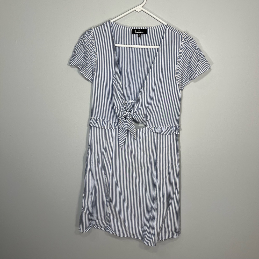 Lulus Dress Womens Large Blue White Seaport Striped Tie Front Lined Lightweight
